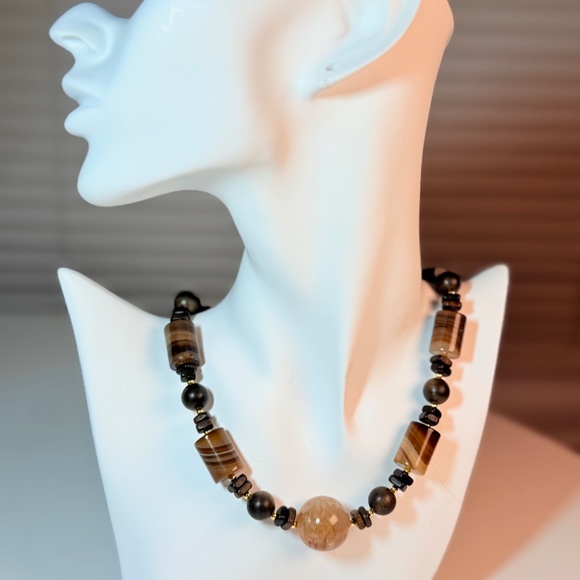 Natural Agate & Wood Beaded Necklace | Earth Tone Statement | Handmade - Picture 5 of 9